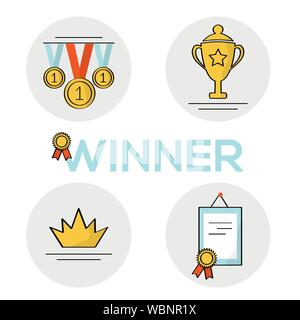 Set di vettore del vincitore badge. Il concetto di vittoria, vittoria, il primo posto nella competizione, award. Illustrazione per la copertina, poster, poster, striscioni, w Illustrazione Vettoriale