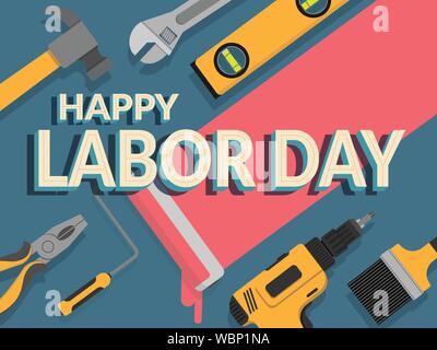 La giornata del lavoro banner. Design modello. illustrazione vettoriale. testo happy labor day decorare con strumenti di riparazione per lo sfondo Illustrazione Vettoriale