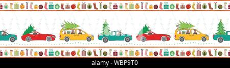 Vacanze design di confine con il cartoon di renne, camion, automobili, alberi di Natale e regali in colori tradizionali. Seamless pattern vettoriali su bianco Illustrazione Vettoriale