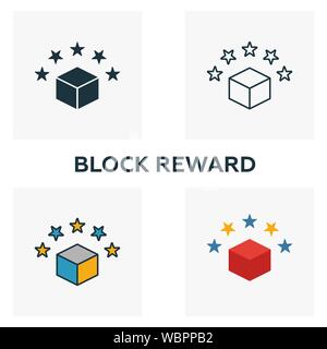 Blocco ricompensa icon set. Quattro elementi in diversi stili blockchain dalla raccolta di icone. Blocco creativo premiare le icone riempito, bordato e colorato Illustrazione Vettoriale