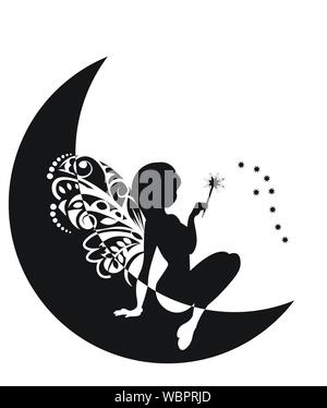 Silhouette della fata con le ali e una bacchetta magica sulla luna Illustrazione Vettoriale