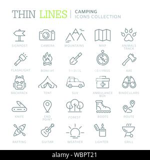 Raccolta di camping linea sottile icone Illustrazione Vettoriale