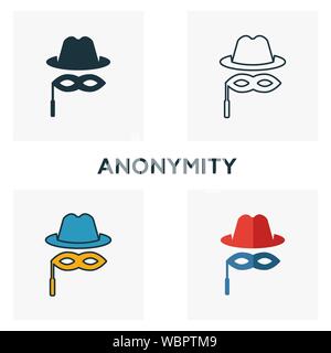 L'anonimato icon set. Quattro elementi in diversi stili blockchain dalla raccolta di icone. Creative icone di anonimato riempito, contorno, colorata e piatto Illustrazione Vettoriale