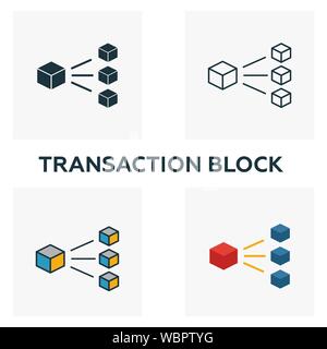 Blocco di transazione icon set. Quattro elementi in diversi stili blockchain dalla raccolta di icone. Creative blocco di transazione icone riempito, contorno Illustrazione Vettoriale