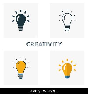La creatività icon set. Quattro elementi in diversi stili dal business raccolta di icone. Creative creatività icone riempito, contorno, colorata e piatto Illustrazione Vettoriale