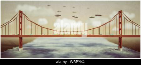 Ufo volare su un famoso ponte 3d illustrazione Foto Stock