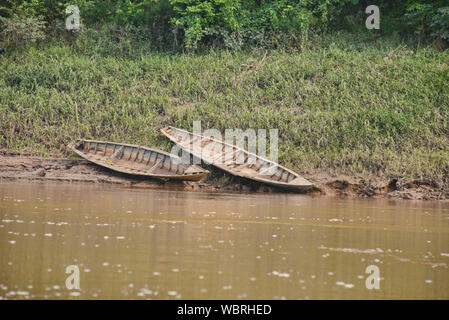 Barca sul fiume Tambopata, Tambopata National Reserve, Amazzonia peruviana Foto Stock