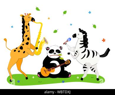 Gli animali la riproduzione di musica - piatto stile design illustrazione Illustrazione Vettoriale