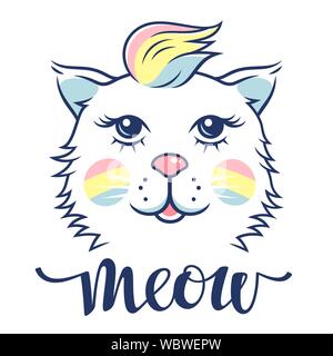 Cute cat per infantile t-shirt design. Carino gattino illustrazione vettoriale nei colori dell'arcobaleno Illustrazione Vettoriale