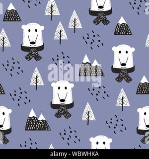 Orsi bianchi seamless pattern felice vettore simpatico orsacchiotto nella foresta tra montagne e alberi. Illustrazione Vettoriale