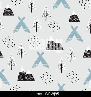 Orsi bianchi seamless pattern felice vettore simpatico orsacchiotto nella foresta tra montagne e alberi. Illustrazione Vettoriale