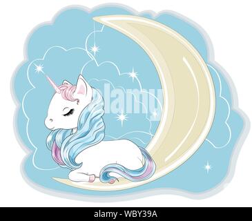 Magic white unicorn sulla luna con una criniera e una coda, e gli occhi chiusi, bugie. Può essere utilizzato per t-shirt stampa, usura kids fashion design, baby doccia ho Illustrazione Vettoriale