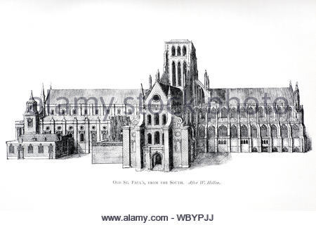 Originale vecchia St Pauls da sud, Londra, attacco da incisore boemo Wenceslaus Hollar da 1600s Foto Stock