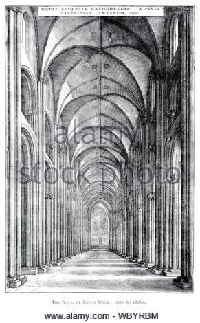 La navata centrale o Pauls a piedi, originale vecchia St Pauls, Londra, attacco da incisore boemo Wenceslaus Hollar da 1600s Foto Stock