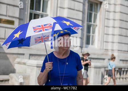 Westminster, Londra, Regno Unito. Il 27 agosto 2019. Pro-Europe sostenitore dimostra al di fuori del Cabinet Office. Opposizione MPs prendere i primi passi verso il tentativo di bloccare un no-deal Brexit come il Regno Unito si prepara a lasciare l'UE il 31 ottobre con o senza una trattativa. Foto Stock