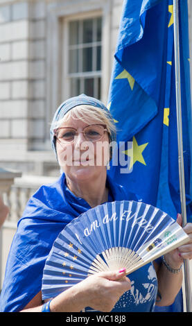 Westminster, Londra, Regno Unito. Il 27 agosto 2019. Pro-Europe sostenitore dimostra al di fuori del Cabinet Office. Opposizione MPs prendere i primi passi verso il tentativo di bloccare un no-deal Brexit come il Regno Unito si prepara a lasciare l'UE il 31 ottobre con o senza una trattativa. Foto Stock