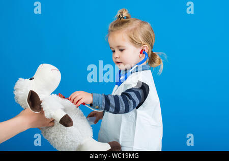 Bambino medico esaminare toy pet con uno stetoscopio su sfondo blu Foto Stock