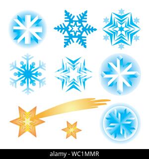 I fiocchi di neve Stelle di natale. Impostare decorativo di simboli d'inverno. Isolato su sfondo bianco. Vettore disponibile. Illustrazione Vettoriale