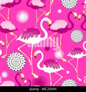 Vettore luminoso flamingo seamless pattern su un sfondo rosa. Design per la carta da parati o tessuti. Illustrazione Vettoriale