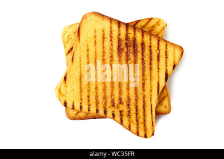 Due fette di arrosto di tostare il pane su bianco Foto Stock