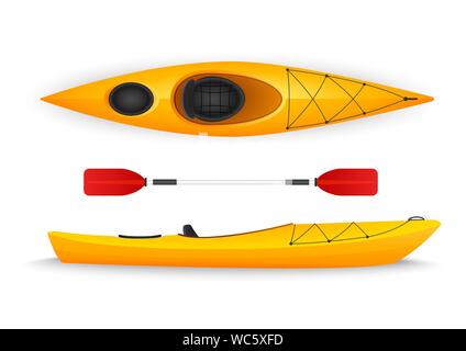 Giallo kayak, con parte superiore e laterale viewsisolated su sfondo bianco. Illustrazione Vettoriale Illustrazione Vettoriale