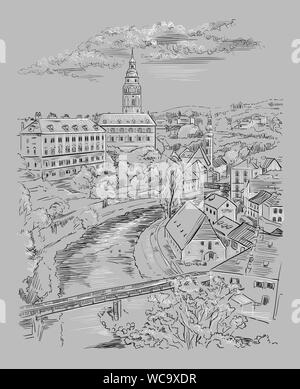 Vettore di disegno a mano illustrazione del paesaggio urbano panoramica di Cesky Krumlov. Vista aerea su tetti, il castello e il fiume. Punto di riferimento della Repubblica ceca. Vettore i Illustrazione Vettoriale