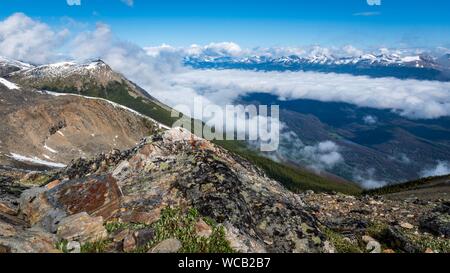 Vista dalla cima Whistlers montagne del Parco Nazionale di Jasper, Canada. Foto Stock