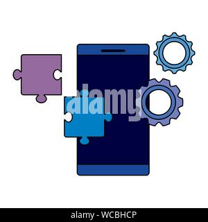 Dispositivo smartphone con puzzle e ingranaggi Illustrazione Vettoriale