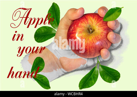 Illustrazione creativa di un Apple in una mezza mano disegnato con foglie Foto Stock