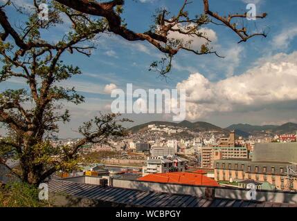 Nagasaki, Kyushu in Giappone. 28 ott 2006. Fotografato attraverso gli alberi del Giardino di Guantaio, di Nagasaki, sulla costa nord-ovest dell'isola di Kyushu, Giappone, è impostata su di un grande porto naturale, con edifici sulle terrazze delle colline circostanti. In agosto 1945, durante la Seconda Guerra mondiale subì un americano di bombardamento atomico, commemorò al suo Museo della Bomba Atomica e il Parco della Pace ha visitato da molti giapponesi e turisti stranieri. Credito: Arnold Drapkin/ZUMA filo/Alamy Live News Foto Stock