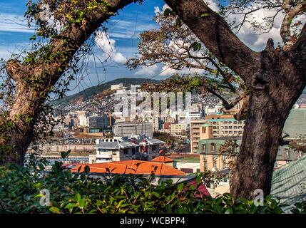 Nagasaki, Kyushu in Giappone. 28 ott 2006. Fotografato attraverso gli alberi del Giardino di Guantaio, di Nagasaki, sulla costa nord-ovest dell'isola di Kyushu, Giappone, è impostata su di un grande porto naturale, con edifici sulle terrazze delle colline circostanti. In agosto 1945, durante la Seconda Guerra mondiale subì un americano di bombardamento atomico, commemorò al suo Museo della Bomba Atomica e il Parco della Pace ha visitato da molti giapponesi e turisti stranieri. Credito: Arnold Drapkin/ZUMA filo/Alamy Live News Foto Stock