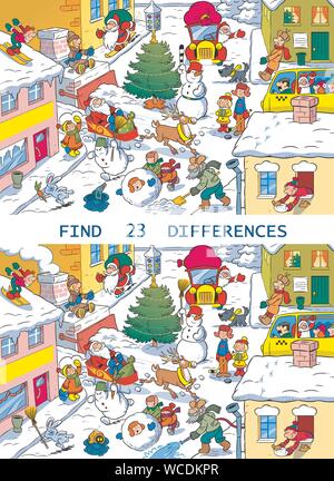 Puzzle di vettore con una strada di città prima di Natale. Nell'illustrazione, hai bisogno di trovare 23 differenze nelle immagini con i caratteri sul nuovo sì Illustrazione Vettoriale