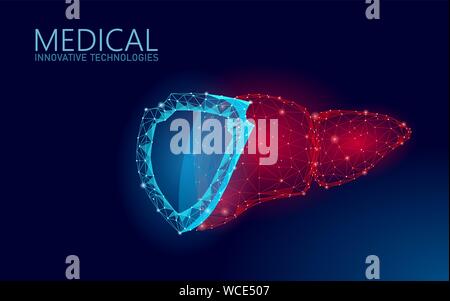 Fegato umano protezione 3d scudo medicina basso concetto di poly. Triangolo rosso farmacia farmacia sfondo. Vettore di ricostruzione di recupero supplementare Illustrazione Vettoriale