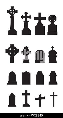 Cimitero icone illustrazioni impostato su sfondo bianco Illustrazione Vettoriale