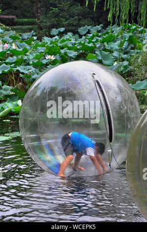 Divertimento e giochi in bolle di plastica su un parco lago in Nantong Cina Foto Stock