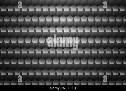 Vettore grigio metallo motivo goffrato pentagono griglia in plastica dello sfondo. Tecnologia di forma pentagonale cella volume scuro disegno geometrico. Illustrazione Vettoriale