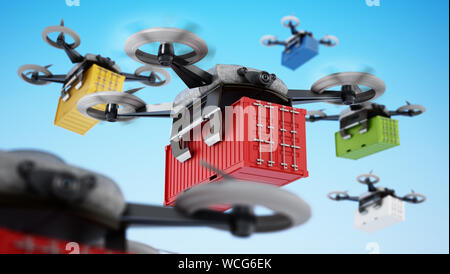 Unmanned fuchi che trasportano container. 3D'illustrazione. Foto Stock