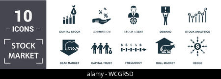 Borsa icona set. Contengono riempito flat recare mercato, il Mercato Bull, stock analytics, agente di scorta, stock di capitale capitale, la fiducia, la domanda, frequenza Foto Stock
