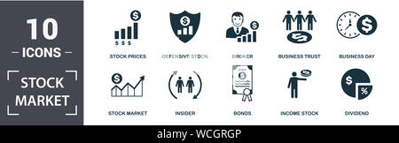 Borsa icona set. Contengono riempito broker di Piana, le quotazioni di borsa, giorno lavorativo, business trust, dividendo, stock difensivo icone. Formato modificabile Foto Stock