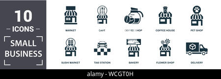 Small Business icon set. Contengono riempito mercato piatto, pet shop, consegna, gelateria, book shop, caffetteria, bar , pizzeria icone. Modificabile Foto Stock