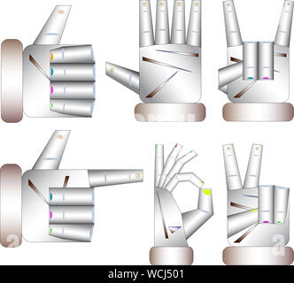 Vari gesti delle mani isolato su uno sfondo bianco. Illustrazione Vettoriale in diverse situazioni. Foto Stock