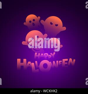 Carino e spooky halloween fantasmi con happy Halloween testo. Illustrazione Vettoriale. Illustrazione Vettoriale