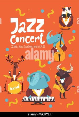 Musica Jazz design poster con il cartoon animali suonare strumenti musicali Illustrazione Vettoriale