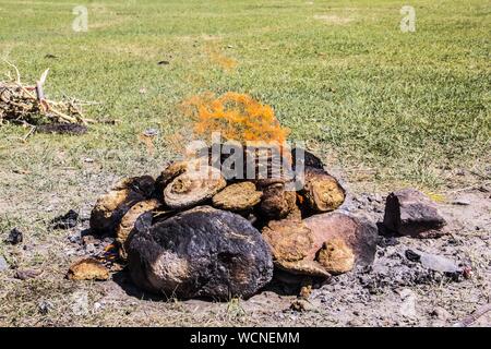 Colpo di closeup di un falò con un mucchio di bruciato rocce in una giornata di sole Foto Stock