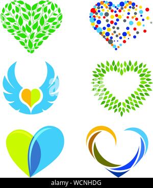 Forma creativa del cuore o amore colorato logo vettoriale impostato Illustrazione Vettoriale