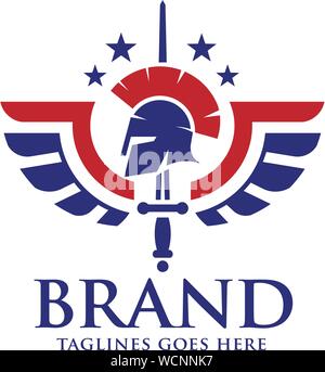 Creative casco spartan, ali, stelle e spada logo design vettoriali Illustrazione Vettoriale