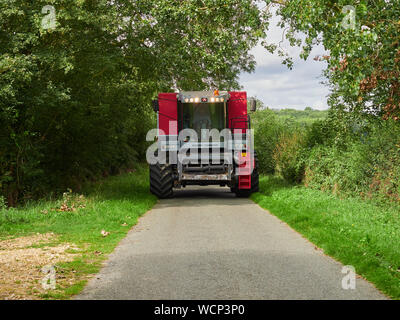 Un grande Massey Ferguson 7278 Cerea mietitrebbia veicolo agricolo il riempimento di una piccola strada di campagna mentre si sposta tra i campi durante la mietitura Foto Stock