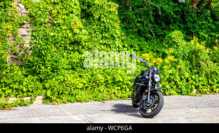 Un motociclo nero è visto in un parcheggio contro un luswall di viti e boccole, fornendo un luminoso sfondo verde in contrasto con il suo aspetto più scuro. Foto Stock
