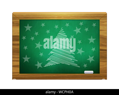 Illustrazione di albero di Natale e stelle sulla lavagna verde. Foto Stock