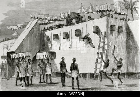 La dogana annuale del Dahomey. La principale celebrazione annuale nel regno del Dahomey (attualmente Benin), che si è tenuta nella capitale, Abomey, all'inizio dell'autunno come un omaggio al spiriti invisibili. A quel tempo, le imposte sono state raccolte, il prezzo era fissato in moneta corrente, militari e civili dei comandanti erano stati nominati, buone azioni sono stati premiati e i criminali sono stati puniti severamente, da cui le vittime destinate alla dogana annuali sono stati scelti. Sul giorno assegnati sono apparsi su una piattaforma elevata e in ceste, sono stati gettati in un vuoto di morire decapitato dai carnefici. Incisione di Capuz. La MI Foto Stock